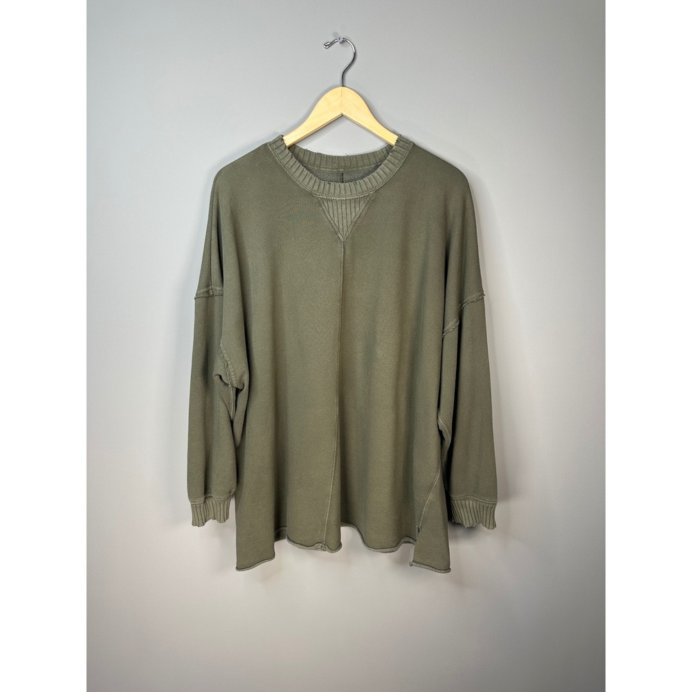 Aerie Sweatshirt Womens Large Olive Green Oversized Exposed Seam Crew Neck